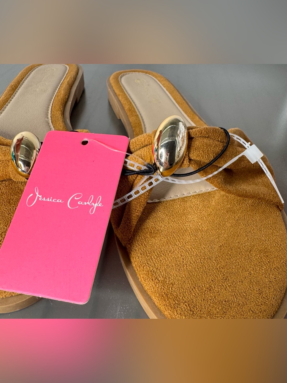 Tan Suede Slide-on Sandals with tie Gold Accent summer boho spring fall sz 8.5? - Picture 6 of 6